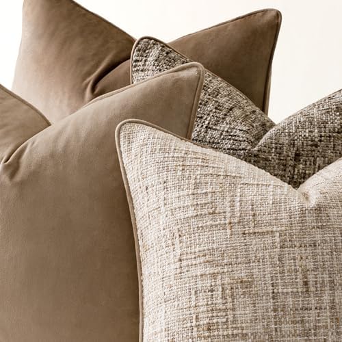 a moment Neutral Khaki Brown 4 Pack Throw Pillow Covers - Chenille & Velvet Set with Piping, Farmhouse Textured Design Pillow Cases for Couch Sofa Bed Livingroom (16x16 Inch, No Insert) - Image 6