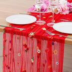 BINBE 6pcs Daisy Spring Table Runner Embroidery Gauze 10FT Florals Seasonal Tulle Holiday Birthday Kitchen Dining Table Decor for Home Party Red by BINBE
