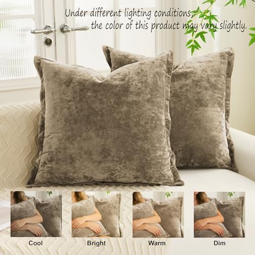 Greek Velvet Euro Sham Covers Set of 2 26x26 Luxury Soft Solid Pillow Covers for Living Room Bedroom Yard,Brown - Image 3