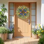 LOKEISNA Daisy Sunflower Wreath Decor, 24 Inch Summer Wreaths for Front Door Outside, Handmade Blue Orange Floral Eucalyptus Wreath for Front Door Farmhouse Home Décor Gift - Image 6