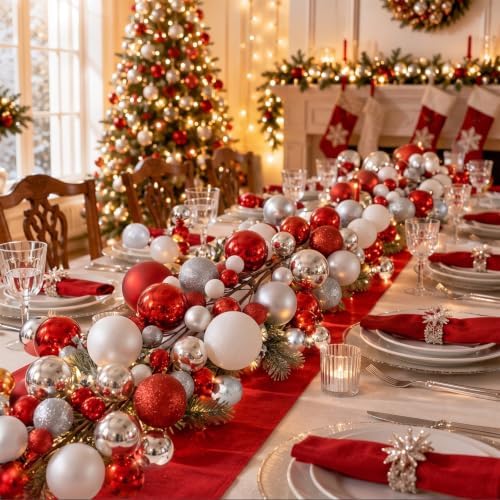 2 Pcs 15 ft Christmas Ball Ornament Garland, Red, White, Silver - Image 4
