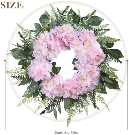 26 Inch Hydrangea Summer Wreaths for Front Door, Pink Hydrangea Wreath - Image 2