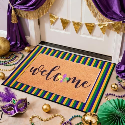 2 Pcs Mardi Gras Welcome Doormat, Welcome Mardi Gras Masks Mat, Carnival Fleur De Lis Non Slip Coir Mat Floor Striped Layering Doormats Seasonal for Front Porch Entryway Decor 24" x 32" by Unknown