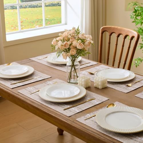 Wracra Cotton Linen Place Mats, Brown Embroidered Placemats Set of 8 - Image 6