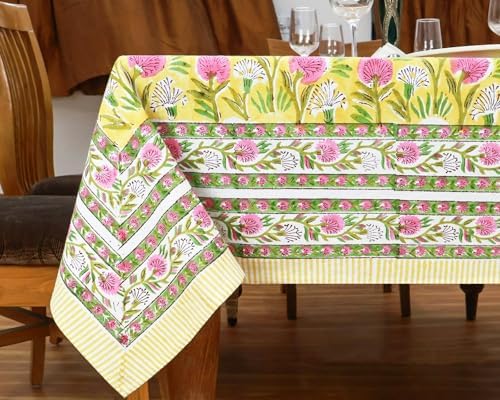 72x118 Inches Rectangle Hand Block Printed Cotton Tablecloth, Green Yellow Floral Washable, Indian Table Linen for Halloween Christmas Christmas Thanksgiving Gifts Home Decor Dining Outdoor - Image 2