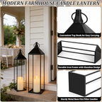 22" 19" Modern Farmhouse Candle Lantern Decor Set of 2 Large Black Metal Candle Lanterns with Flameless Candles, Lanterns Decorative Indoor for Fireplace Mantle Table Outdoor Lanterns for Patio Porch - Image 5