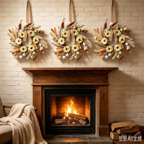 6 Pcs Small Fall Hanging Wreaths with Artificial Autumn Daisy Flowers Brown Leaves Wheat Sprigs Burlap Bow Mini Cabinet Wreath for Home Table Centerpieces Kitchen Farmhouse Thanksgiving Harvest Decor - Image 2