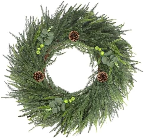 LOKEISNA Real Touch Norfolk Pine Wreath, 24" Artificial Christmas Wreaths for Front Door, Soft Bendable Pine Wreaths for Front Door, Christmas Door Decorations by LOKEISNA