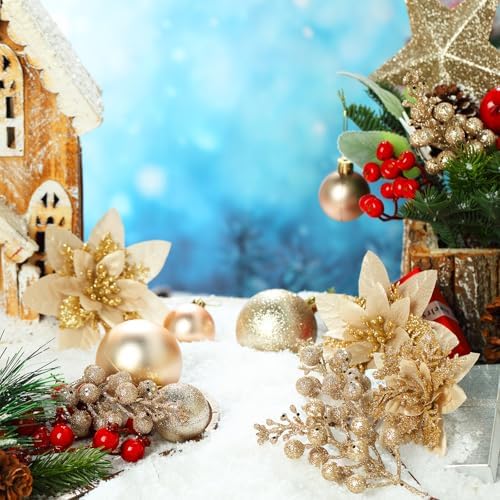 Realspring 72 Pieces Christmas Tree Ornament Set Xmas Assorted Decorations Bulk Glitter Poinsettia Berry Picks Topper Star Sequin Tree Skirts for Home Wreaths Holiday Party Favors (Champagne Gold) - Image 3