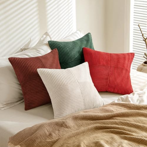 MIULEE Boho Christmas Red Decorative Throw Pillow Covers 20x20 Set of 4 Farmhouse Cushion Covers Color-Clash Corduroy Pillow Cases Modern Soft Corduroy Patchwork Home Decor for Couch Sofa Bedroom - Image 3