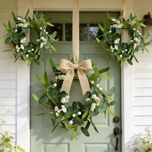 12 Pcs Green Artificial Eucalyptus Swag Wreaths Spring Summer Wreath with White Berries Mini Green Kitchen Cabinet Wreaths with Ribbon for Front Door Porch Wall Window Farmhouse Decoration - Image 2