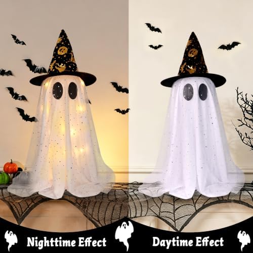 2 Pack Halloween Ghost Decorations, 21.7 Inch Lighted Halloween Decorations, Battery Operated Tabletop Ghost Decor with Witch Hats for Mantel Fireplace Table Entryway Indoor Office Party Home Decor - Image 4