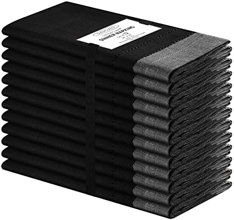 Cotton Clinic Set of 12 Hemstitch Cloth Napkins 100% Cotton 20X20 inches - Ultra Soft Absorbent Restaurant Hotel Quality - Cocktail Napkins Wedding Dinner Napkins - Washable Cloth Napkins Black by CottonClinic