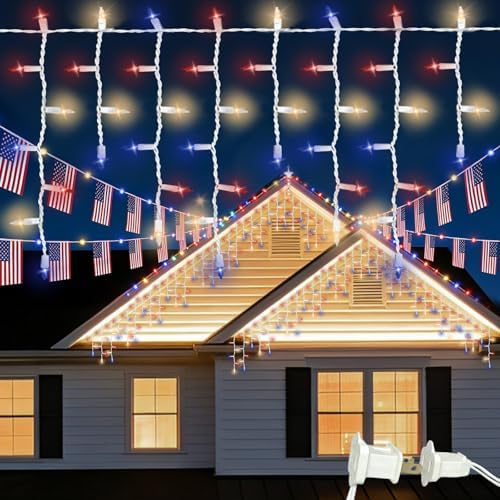 300 Incandescent Icicle String Lights with White Wire, Multi Dynamic Lighting Modes Red White Blue, Perfect for National Day Patriotic Holiday Large Scene Decor by JUSTPRO