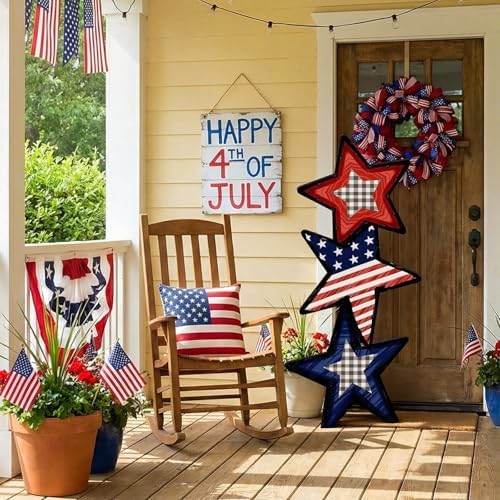 Vercraft 35'' 4th of July Porch Standing Decor Outdoor 250th Anniversary Patriotic Wooden Independence Day Memorial Day USA Flag Stacked Star Yard Sign for Patio USA American Flag Standing Yard Sign - Image 4