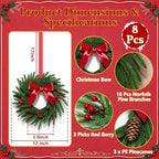 8 Pcs 12 Inch Mini Artificial Norfolk Pine Christmas Wreaths,Small Wreath with Red Ribbon Bow, Red Berry & Pinecone, Indoor Xmas Decor for Cabinet, Kitchen Door, Window, Fireplace Staircase Railing - Image 2