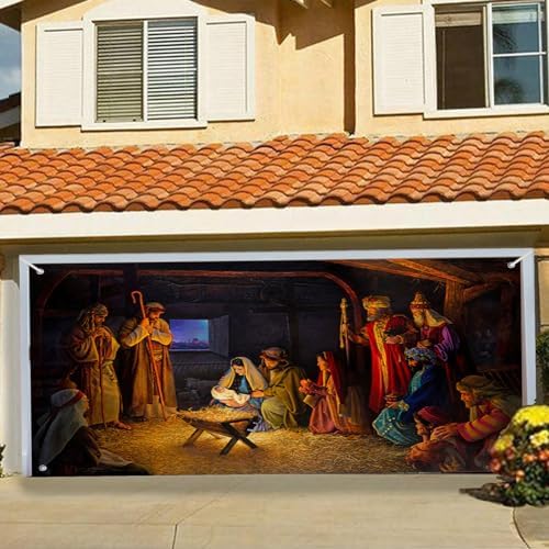 Christmas Garage Door Banner Decoration Large Christmas Garage Cover for Indoor Outdoor Holiday Party Supplies, 7 x 16 ft Nativity Scene Ornaments Backdrop Sign, F - Image 2