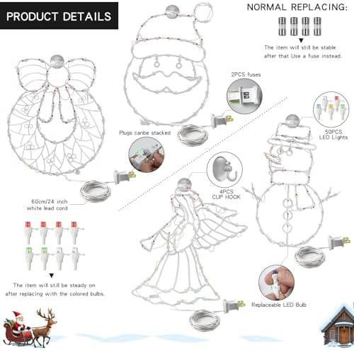 4 Pack Christmas Window Silhouette LED Lights Decorations, Santa Claus, Wreath, Angel, Snow Man Christmas Window Light Decorations with 50 Bulbs for Holiday Wall Door Glass Decorations - Image 4