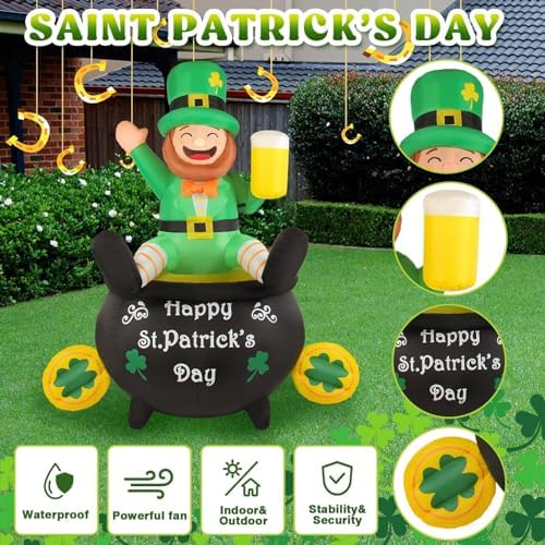 6FT St Patrick's Day Inflatables with LED Lights Outdoor Decoration Leprechaun Holding Beer in Pot Gold Shamrock Blow up Decor for Yard, Lawn, Garden Holiday Party Indoor Outside - Image 5