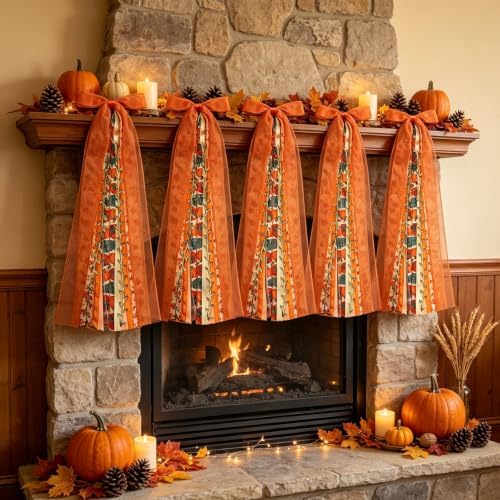 Fall Wreath Sash for Front Door, 2Pcs Orange Maple Leaves Assorted Ribbon Bow, Large Fall Clip-On Wreaths Ribbon Bundle for Thanksgiving Autumn Party Decor - Image 2