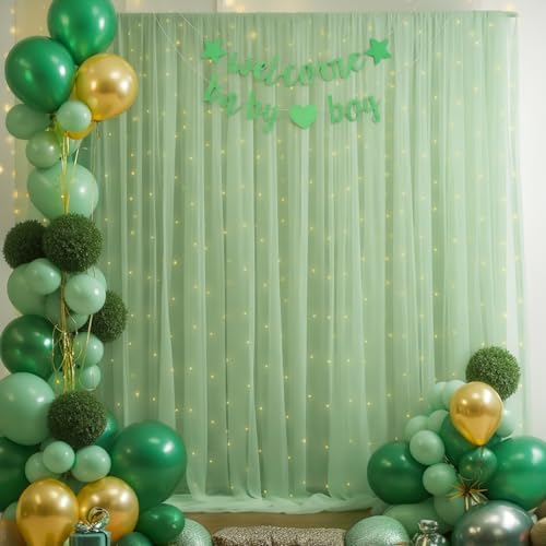20x10ft Olive Green Tulle Backdrop Curtain with Lights String for Parites, Sheer Backdrop Curtains for Wedding Baby Shower Birthday Party Photo Shoot Decorations - Image 4