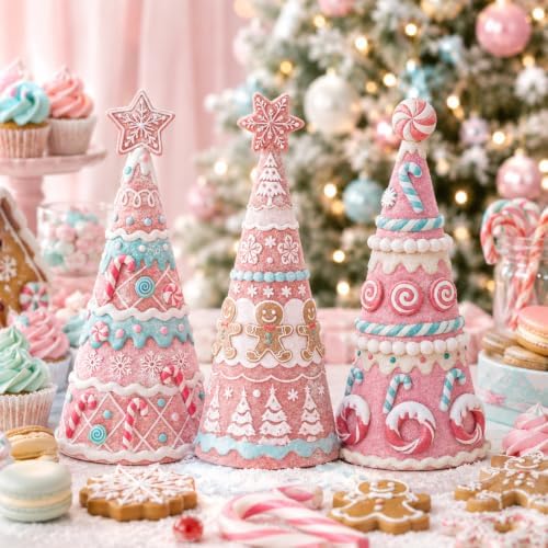 Simgoing 3 Pcs Pink Gingerbread Christmas Tree Figurines Pastel Table Decor - Image 6
