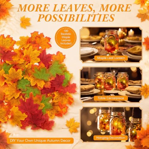 6 Pack DIY Fall Mason Jar Lantern Craft Kit, LED Lights & Maple Leaves - Image 3