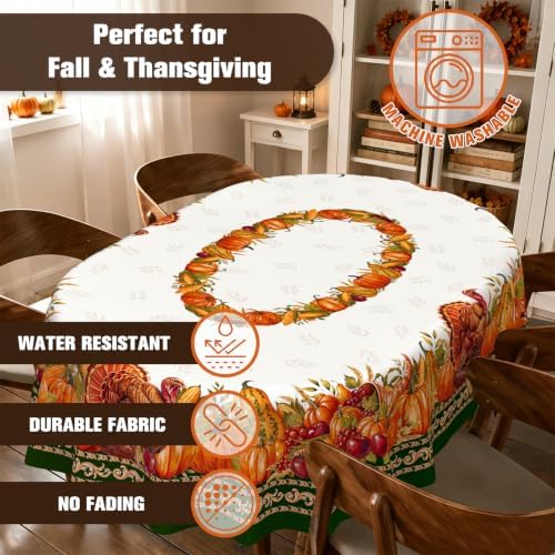 Oval Fall Tablecloth 60x120 Inch, Thanksgiving Autumn Harves Turkey Pumpkin Table Cloth, Waterproof Wrinkle Resistant Table Cover for Fall Decorations Decor - Image 5