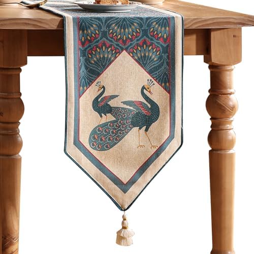 bilingaier Vintage Blue Peacock Small Table Runner for Table,Decorative Linen 102 Inches Long Table Runners,Decor Tabletop for Kitchen,Dining,Tea Party,Home,Christmas,12"x102" by bilingaier