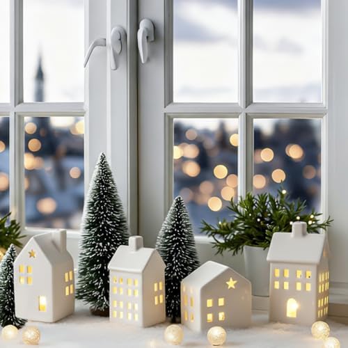 Newtay 7 Pcs White Ceramic Christmas Village Houses with Lights Sets - Image 6