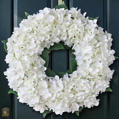 21" Artificial Hydrangea Flower Wreath for Front Door Decor (White) by FOTEEWL