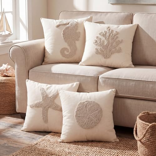 4 Pcs Coastal Beach Pillow Covers 18x18 Starfish Seahorse Coral Sand Dollar Embroidery Nautical Throw Pillow Covers Cushion Cases for Bedroom Sofa Ocean Summer Theme Holiday Home Decoration by Unknown