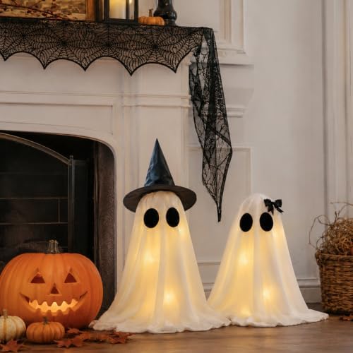 Halloween Decor Set: 2 Light Up Ghosts, Cobweb Scarf & 28 Pcs Bat Stickers - Image 5
