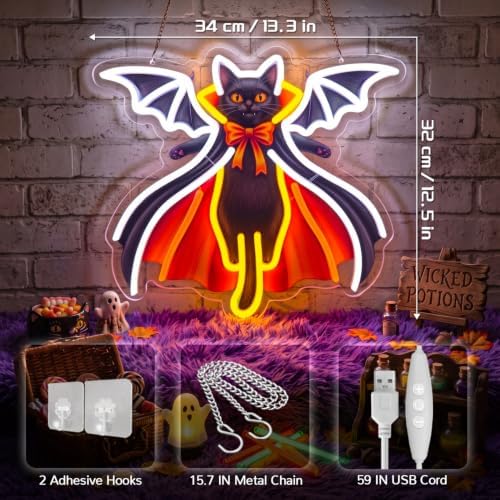 Bat Cat Halloween Neon Sign,Dimmable USB LED Wall Light - Image 3