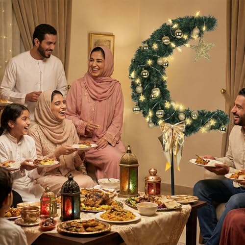 3 FT Eid Ramadan Moon Tree, Lighted Crescent Artificial Tree with LED Star String, Garden Decor Outdoor Lights,Islamic Decoration for Garden, Indoor, Home, Party Decor(Green) - Image 6