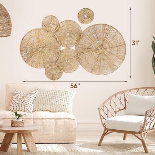Set of 7 Boho Wall Decor - 18-Inch Handcrafted Woven Jute Hanging Basket Decor - Unique Large Round Flat Wall baskets Art for Living Room, Bedroom, Rustic, Farmhouse Decor - Brown Classic Design" - Image 2