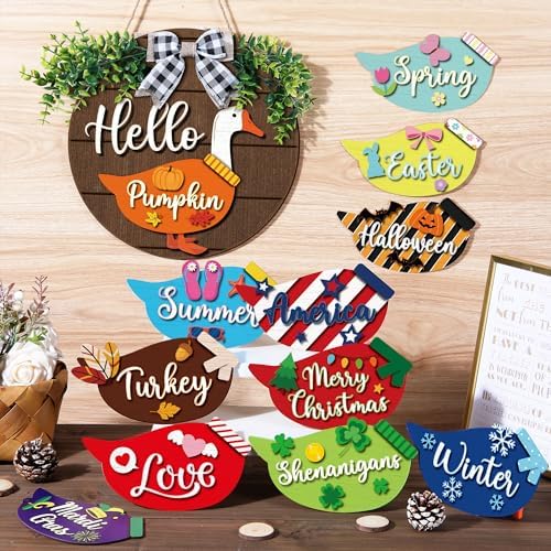 Weysat 13 Pcs Interchangeable Wooden Goose Decor, 11.8 Inch Holiday Seasonal Welcome Changeable Hello Geese Signs Rustic Farmhouse Front Door Round Wreaths Hanging Decorations for Porch Home Outdoor - Image 2