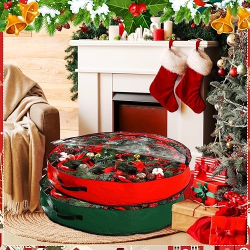 Aliceset 4 Pack Wreath Storage Bags, 36 x 36 x 7.8 Inch, Red, Green - Image 6