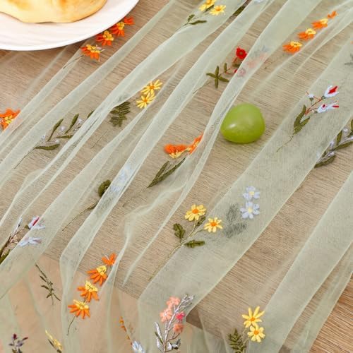 Boao 3 Pcs Wildflower Table Runner Embroidery Tulle Spring Summer Table Runner 120 Inch 10 ft Kitchen Dining Decoration for Wedding Baby Shower Bridal Shower Home Decor Birthday Party (Sage Green) - Image 2