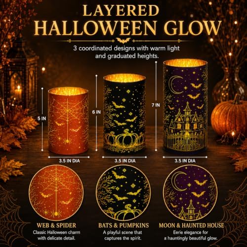 Wind Shear Lighted Halloween Glass Lanterns Set of 3, Tabletop Decor - Image 3