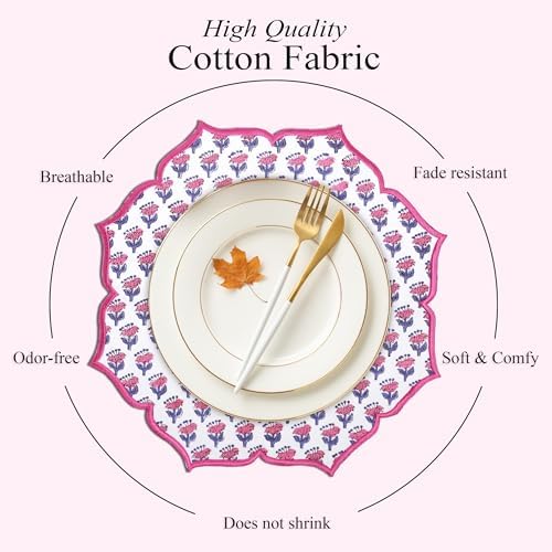 CPC Pink Sapphire Block Print Cotton Floral Placemat 15x15 Inch, Set of 4 - Image 2