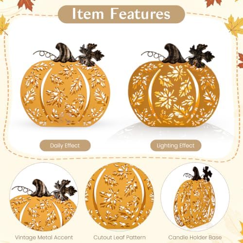 2 Pcs Fall Pumpkins Decor Lighted Metal Pumpkins for Autumn Decoration - Image 3