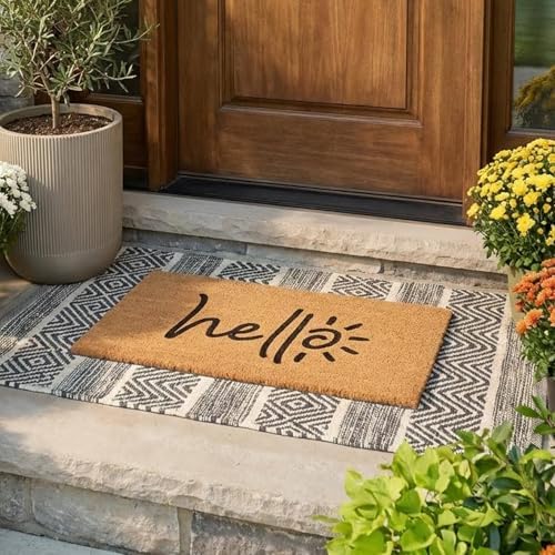 THEODORE MAGNUS Sunny Hello Natural Coir Doormat | 100% Coconut Fiber Entry Mat | Anti-Slip Backing | 17" x 30" - Image 2
