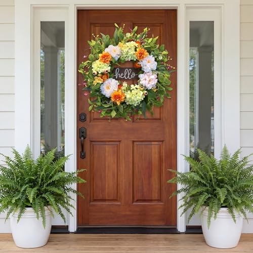24" Summer Wreaths for Front Door with Hello Sign,Hydrangea Wreath with Dahlias Peonies Berries Eucalyptus.Greenery Wreath for Front Door,Porch,Farmhouse,Wall,Window Inoor Outdoor Decor - Image 2