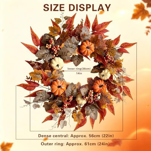 22-24 Inch Fall Wreaths for Front Door, Artificial Autumn Leaf Wreath Decor - Image 2