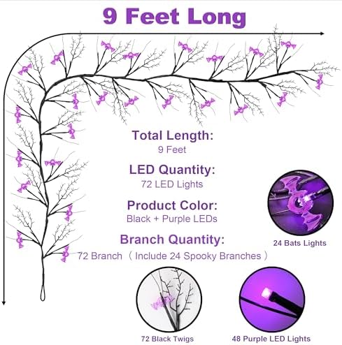 9 FT 72 LED Halloween Willow Vine Twig Decor Garland With Bats Purple Lights - Timer & 8 Modes - Battery Operated Lights for Indoor Decorations, Home, Mantle, Fireplace - Image 6