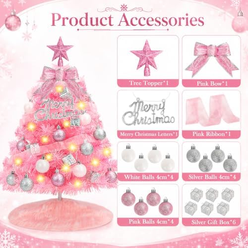 2FT Pink Mini Christmas Tree with Lights, Balls Tree Skirt 8 Lighting Modes - Image 3