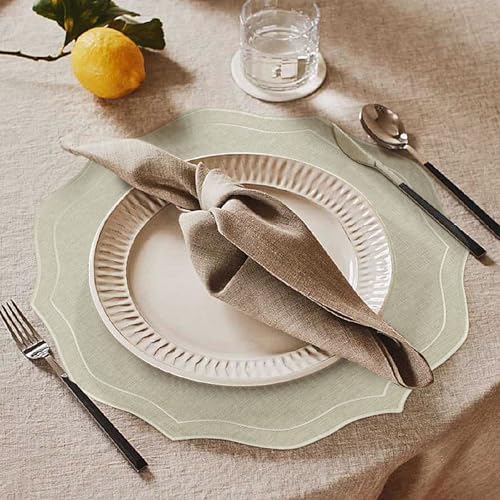Set of 8 Cotton Linen Placemats, 15x15 Round Scalloped Cloth Table Mats, Embroidery Machine Washable, Wrinkle Resistance Fabric Place Mats for Wedding Summer Baby Shower Party Table Decor-Beige - Image 4
