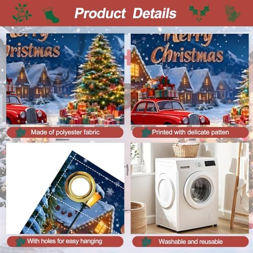 Merry Christmas Garage Door Banner 7x16FT Snowy Village Scene with Car & Tree, Holiday Garage Door Cover for Outdoor Xmas Decorations - Image 3