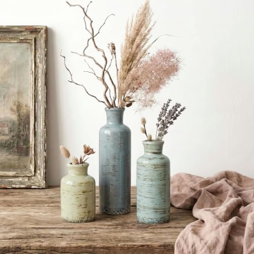 Ceramic Vase Set of 3, Rustic Distressed Bud Vases for Home Decor, Cottagecore Small Decorative Vases for Flowers, Centerpiece Table Vase Set for Living Room Kitchen Shelf Mantel Farmhouse - Image 4